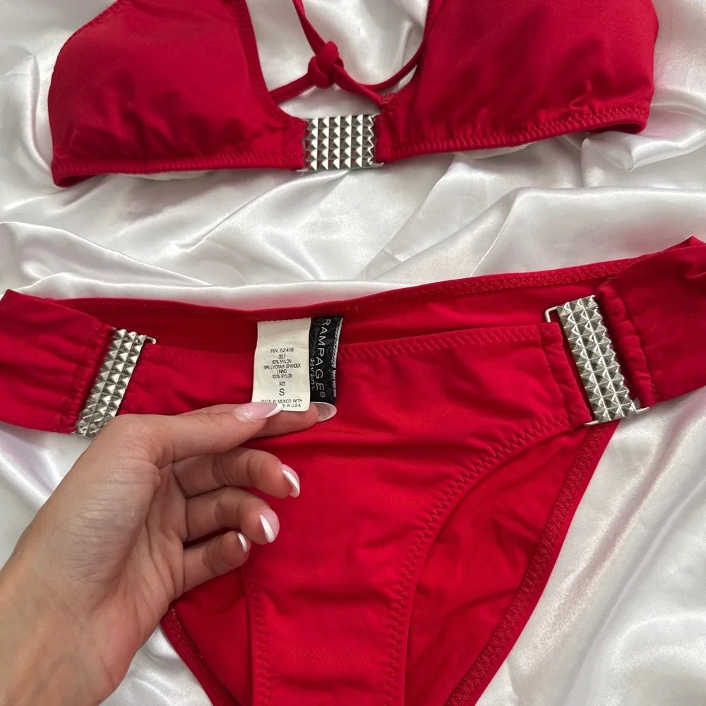 Rampage Red Studded Bikini Set Two Piece Halter Triangle Swimsuit Small